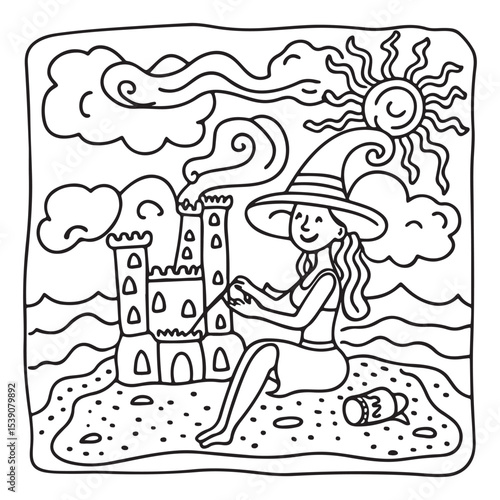 Spooky Summer – Cute and Easy Coloring Pages for All Ages | Fun Halloween-Inspired Summer Scenes | Line art vector illustration Print | Summer Coloring Page | Cute Scary Coloring page
