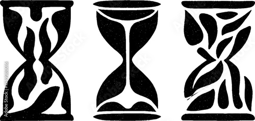 Abstract time passage and mortality concept with hourglasses and cracked bone design