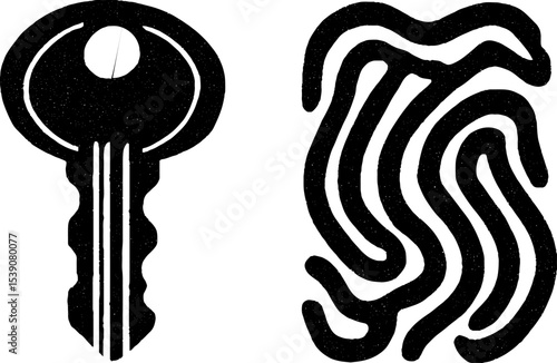Minimalist black and white house key design with abstract scarf and coat collar pattern