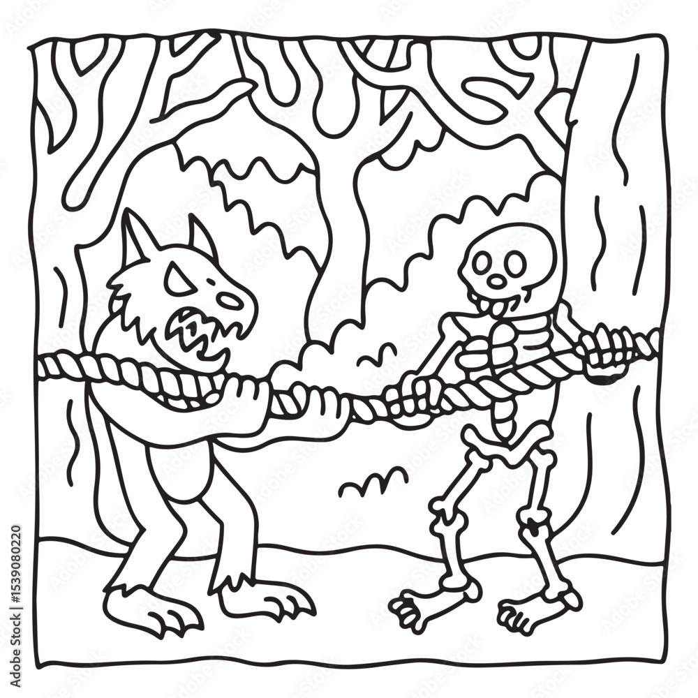 Fototapeta premium Spooky Summer – Cute and Easy Coloring Pages for All Ages | Fun Halloween-Inspired Summer Scenes | Line art vector illustration Print | Summer Coloring Page | Cute Scary Coloring page