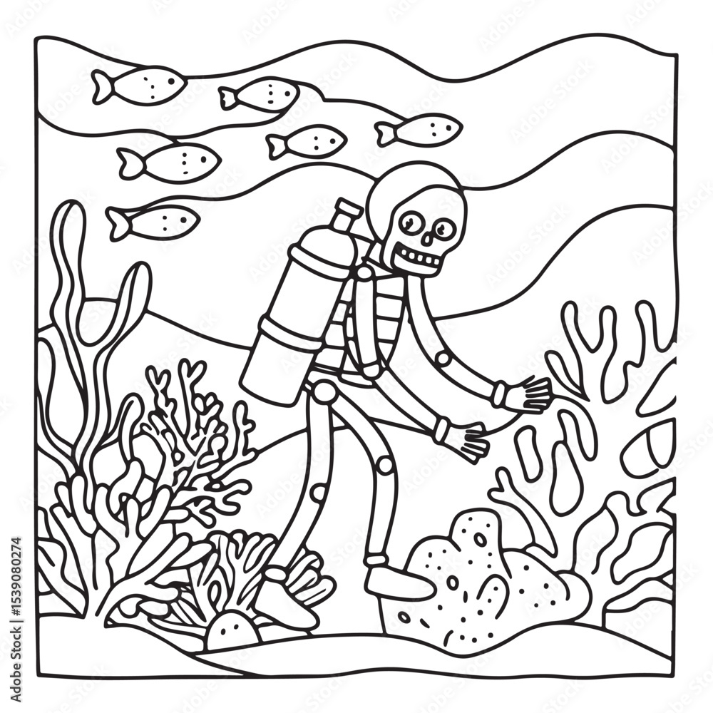 Fototapeta premium Spooky Summer – Cute and Easy Coloring Pages for All Ages | Fun Halloween-Inspired Summer Scenes | Line art vector illustration Print | Summer Coloring Page | Cute Scary Coloring page