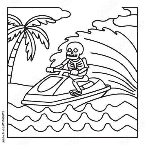 Spooky Summer – Cute and Easy Coloring Pages for All Ages | Fun Halloween-Inspired Summer Scenes | Line art vector illustration Print | Summer Coloring Page | Cute Scary Coloring page
