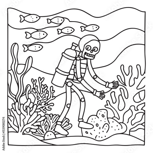 Spooky Summer – Cute and Easy Coloring Pages for All Ages | Fun Halloween-Inspired Summer Scenes | Line art vector illustration Print | Summer Coloring Page | Cute Scary Coloring page