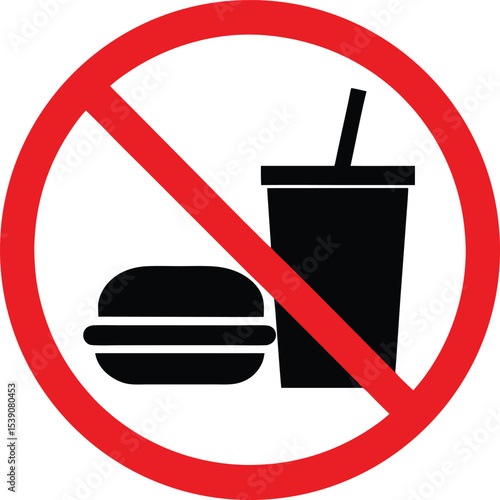 No food icon. Prohibited sign with burger and drink vector illustration. Eating and drinking restriction symbol for designated areas like public transport, offices or clean zones.