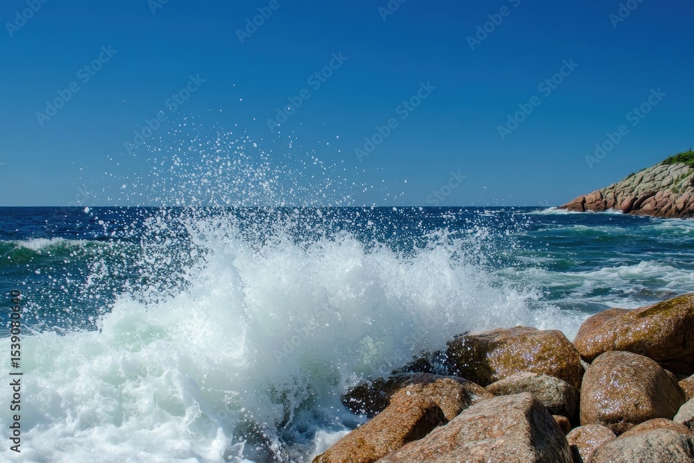 Fototapeta premium Waves crash against rocky shore under a clear blue sky on a tranquil day, Waves crashing on rocky shore under clear blue sky