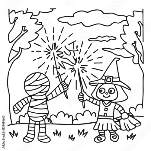 Spooky Summer – Cute and Easy Coloring Pages for All Ages | Fun Halloween-Inspired Summer Scenes | Line art vector illustration Print | Summer Coloring Page | Cute Scary Coloring page