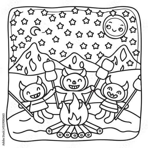 Spooky Summer – Cute and Easy Coloring Pages for All Ages | Fun Halloween-Inspired Summer Scenes | Line art vector illustration Print | Summer Coloring Page | Cute Scary Coloring page