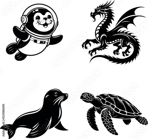 Set of Seal Sea Dragon Sea Lion and Sea Turtle Silhouettes for Ocean Inspired Artwork