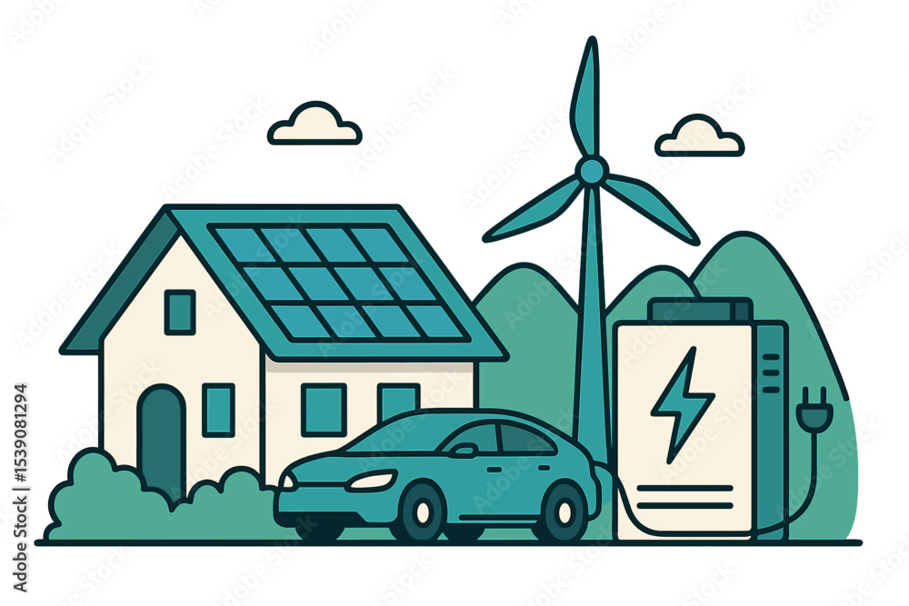 Obraz premium A house equipped with photovoltaic solar panels and a virtual battery energy storage system can also incorporate wind power and rechargeable li-ion backup electricity for electric car charging on an
