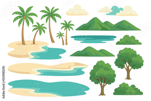 The nature beach landscape constructor includes elements such as sandy beaches, tropical palms, mountains, hills, an ocean horizon, clouds, and green trees in a cartoon vector style