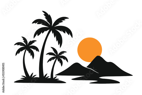 Tropical landscape featuring silhouettes of palm trees and a sunrise vector set in black mountains illustration