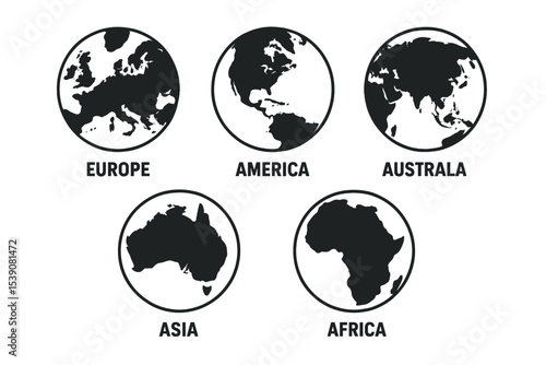 A set of vector illustrations representing the globe, with silhouettes of Europe, America, Australia, Asia, and Africa, in a world map format