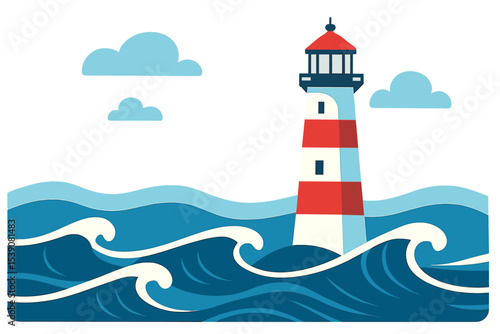 A blue sea background with waves and a lighthouse is depicted in this vector illustration