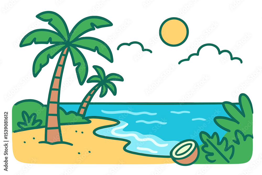 Naklejka premium A cartoon summer beach set against the backdrop of a seaside landscape represents a paradise of nature for a vacation near the ocean or sea