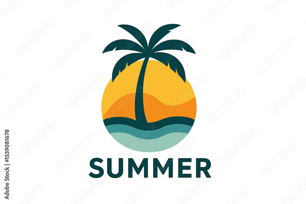 Naklejka premium Vector logo template incorporating a palm tree, embodying the essence of abstract summer and vacation themes, ideal for use as badges or emblems by businesses offering holiday rentals, travel