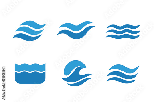 The vector collection includes a logo template, sticker, badge, icon, and pictogram for tourism, voyage, or cruise travel, all incorporating a blue abstract vector pattern of sea waves, ocean, lake