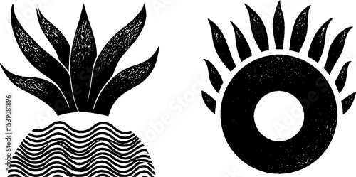 Stylized pineapple crown and textured slice for tropical design elements