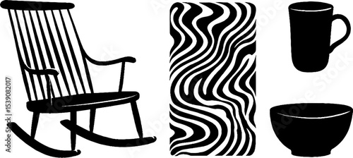 Minimalist rocking chair with abstract rug and cup design for home interiors