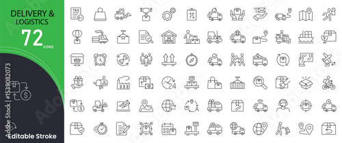Delivery and logistics related icon collections. Containing truck, package, route, shipping, courier, box, tracking, delivery, warehouse, transport icons. Editable Stroke.