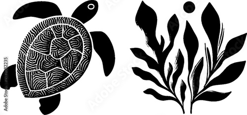 Sea turtle shell and kelp leaf artistic black and white design