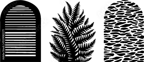 Architectural elements and nature silhouettes: shutter hinge, palm frond, stucco design