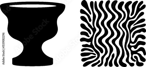 Artistic set featuring skyphos base and ornamental black glaze with footed rim design