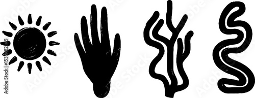 Abstract nature symbols: spiral sun and human limbs with sky motif for creative design