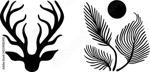 Rustic wilderness design with stag antlers, pine branches, and moon silhouettes