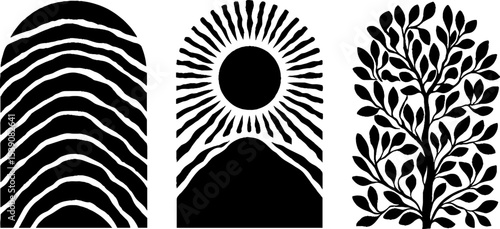 Minimalist nature symbols featuring sun, hills, and olive tree for design projects