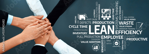 Konstfotografi This image showcases hands joining together, symbolizing teamwork and collaboration in a corporate setting focused on lean principles and efficiency strategies