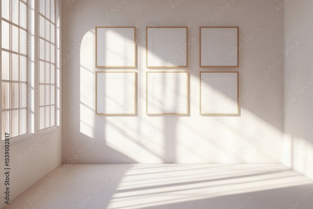 Fototapeta premium Minimalist gallery interior showcasing five empty picture frames with natural light streaming through windows, Minimalist gallery interior with five empty picture frames on sunlit wall
