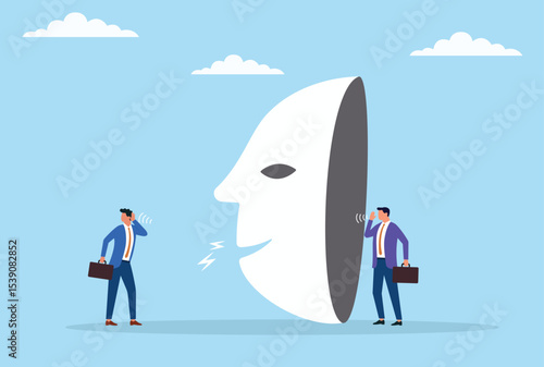 Vector illustration of a businessman speaking behind a scam mask while another businessman tries to listen, symbolizing deception, distrust, and hidden motives in business communication