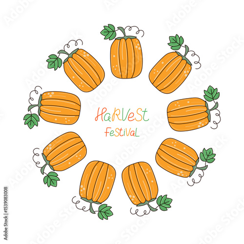 Frame with cartoon pumpkin. Contour drawing, hand lettering. Drawing, doodle, vegetable. Harvest, natural vegetarian food. Autumn banner, poster. Halloween. White isolated background.