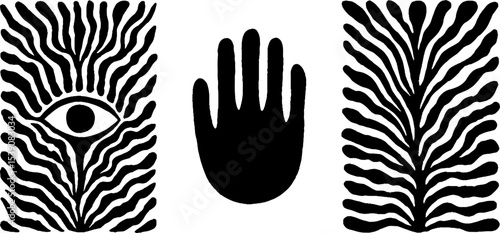 Mystical symbols with third eye, ripple halo, and open palm design