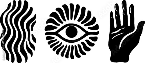 Mystical symbols: third eye, ripple halo, and open palm vector design