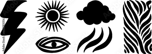 Bold black and white symbols: lightning bolt, sun, cloud, eye, and echo lines for graphic design