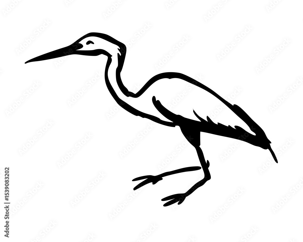 Fototapeta premium Hand-Drawn Heron Silhouette Doodle - Sketchy Bird Vector Isolated on White for Nature Logos, Zen Art & Stationery Designs