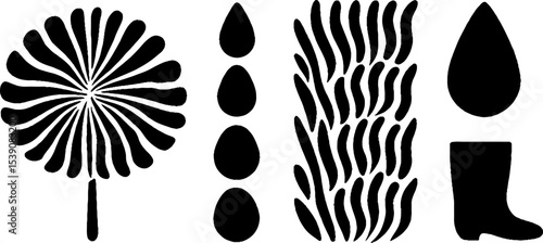 Minimalist design of umbrella, raindrops, and boots for weather themes and print designs