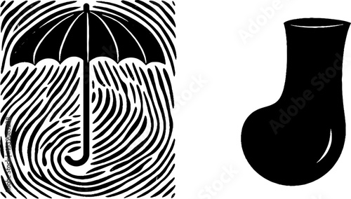 Minimalist rainy day elements: umbrella and rubber boot illustration for seasonal design