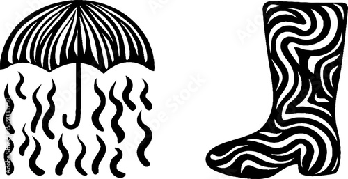 Minimalist black and white umbrella and rubber boot design with raindrop patterns for creative projects
