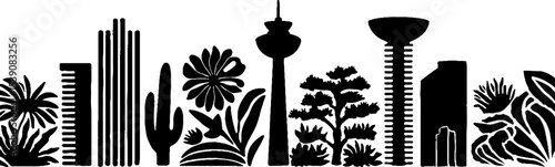 Urban skyline silhouette with rooftop antennas and modern architecture elements