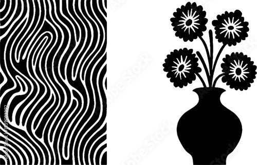 Minimalist vase with flowers on window sill and abstract pattern design for interior decoration