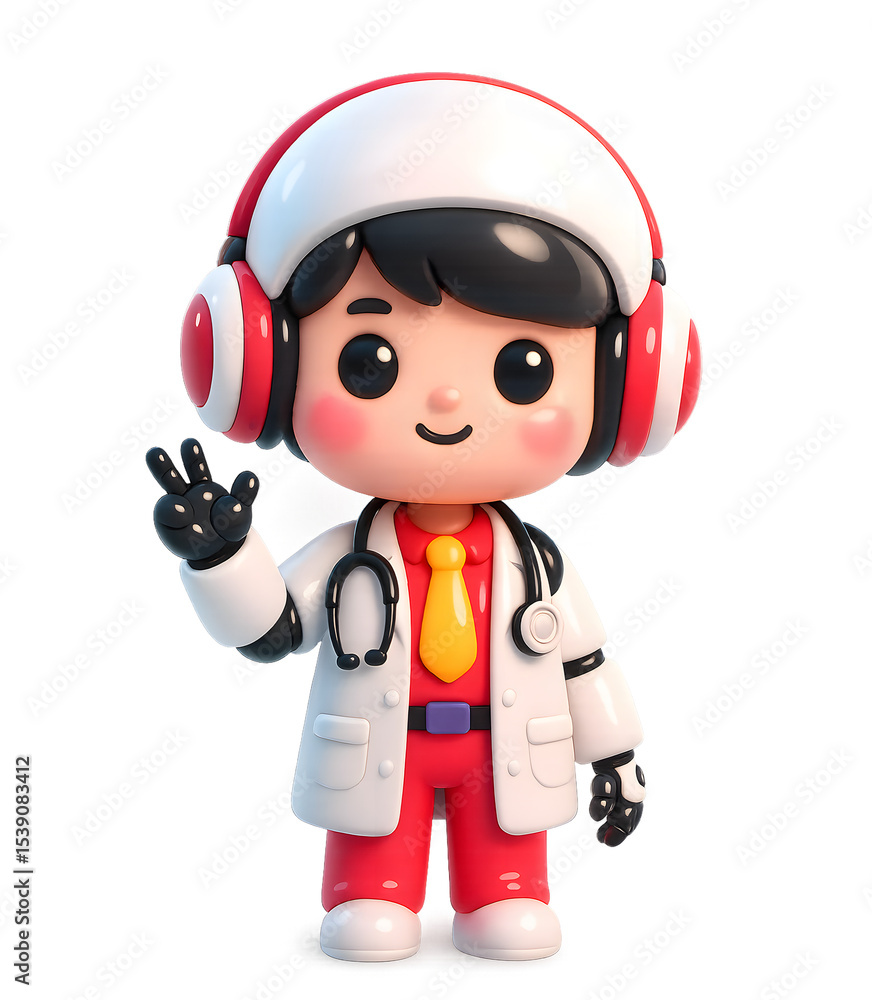 AI Cyborg Doctor Assistant Character with Headphones 3D Icon illustration AI Cyborg Doctor Assistant Character with Headphones 3D Icon illustration