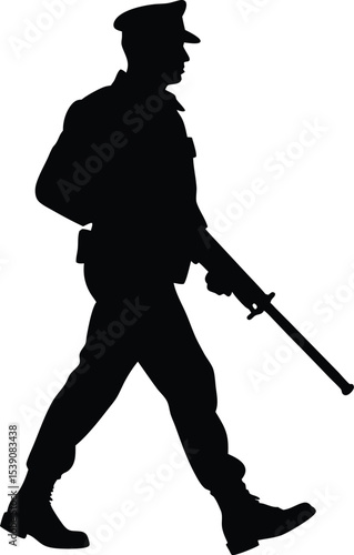 Silhouette of a Police Officer Patrolling While Walking