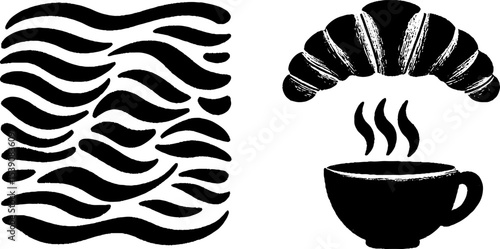 Morning relaxation with window blinds, fresh coffee steam, and croissant design