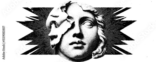 Surreal collage of shattered mask with ethereal glow and classical bust