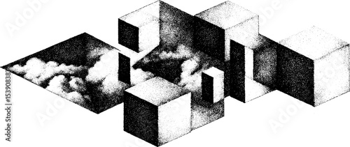 Abstract isometric design with shattered polygon and rising blocks for artistic inspiration