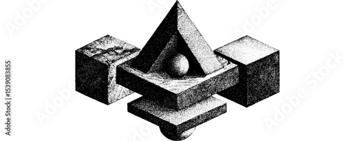 Isometric geometric art featuring shattered polygon with rising blocks