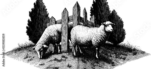Pastoral scene with sheep and wooden fence in vintage engraving style