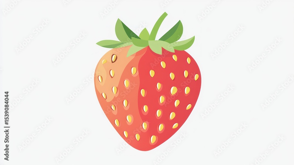 Fototapeta premium Cartoon strawberry Red, textured surface dotted with yellow seeds, green leafy top